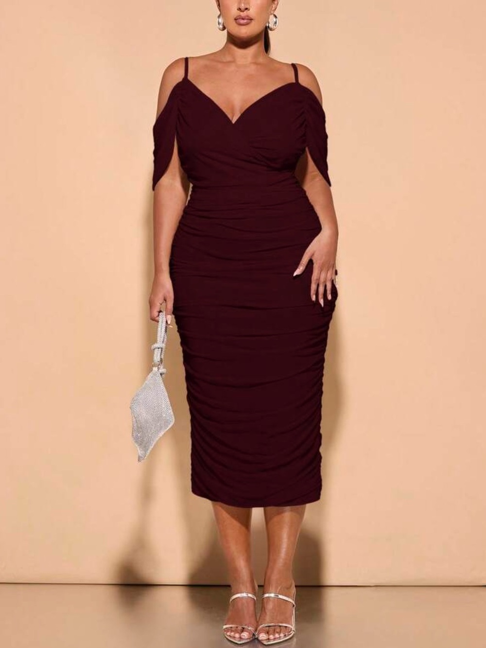 Off-Shoulder Midi Dress in Deep Burgundy